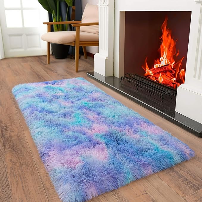 Soft Runner Rugs for Bedroom Hallways, 2x4 Purple Rainbow Fluffy Shag Throw - Image 5