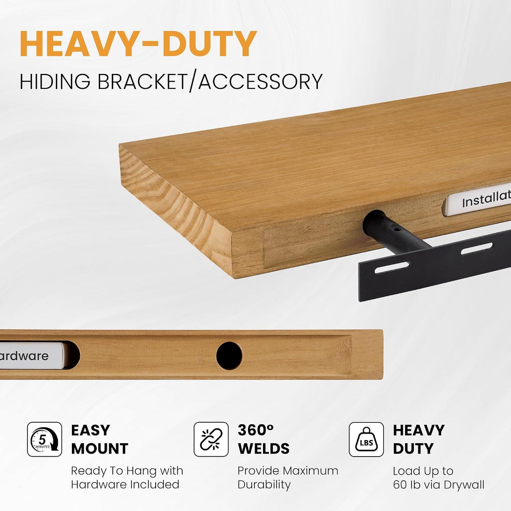 Floating Shelves for Wall, 36" x 9.3" Solid Pine Wood Wall Shelf, Wall Mounted Display Shelf with Invisible Heavy-Duty Metal Bracket, Home Decor for Bedroom, Kitchen, Living Room, Oak, 2 Pack