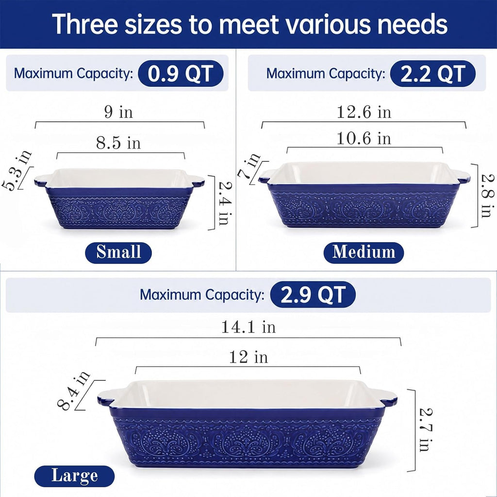 SOUJOY Set of 3 Ceramic Bakeware Set, Rectangular Baking Dishes with Handle