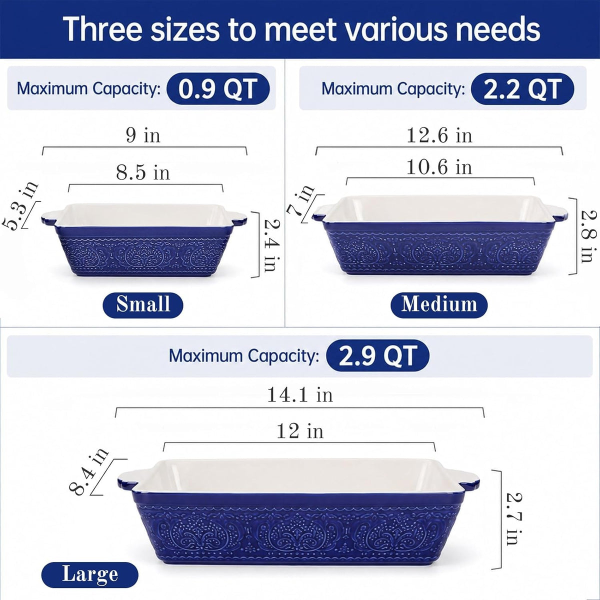 SOUJOY Set of 3 Ceramic Bakeware Set, Rectangular Baking Dishes with Handle