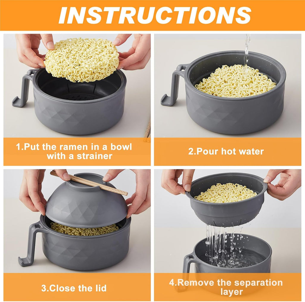 6 Pcs Microwave Ramen Cooker Set 40oz Bowl, Grey