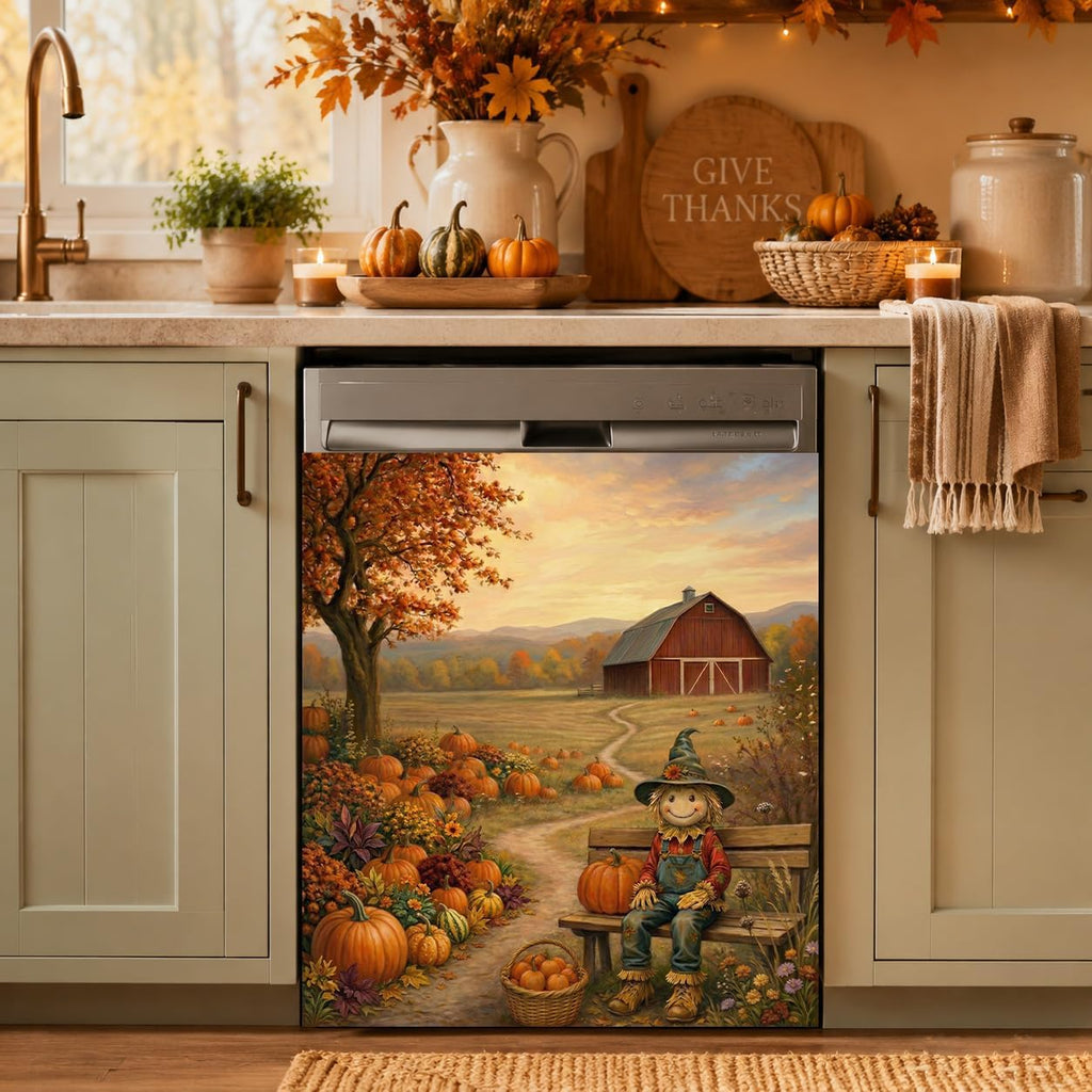 Thanksgiving Dishwasher Magnet Cover 23 x 25.5 Inch, Fall Farm Scarecrow Dishwasher Magnetic Cover, PVC Dishwasher Decorative Magnet for Kitchen Decor