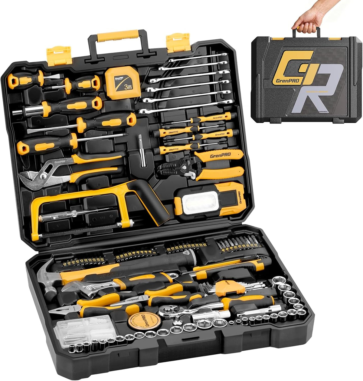 218PCS Home Tool Set – Hammer, Wrenches, Screwdrivers, Hacksaw, Electrical Tester, Work Lamp – DIY, Furniture Assembly & Minor Repairs – Gift for Homeowners