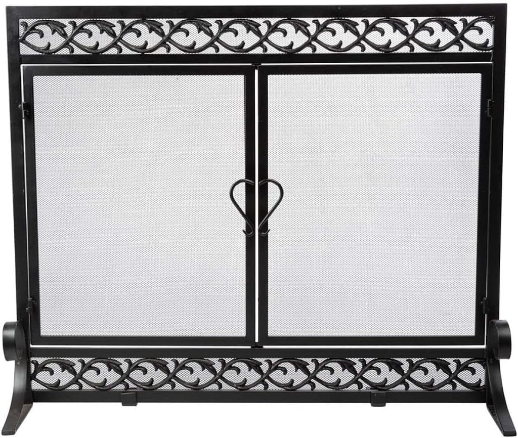 Plow & Hearth Scrollwork, 37" W X 30" H, Metal Fireplace Screen with Magnetic Hinged Doors, Spark Guard Cover, Stand Alone Wrought Iron Panel Fire Place Cover