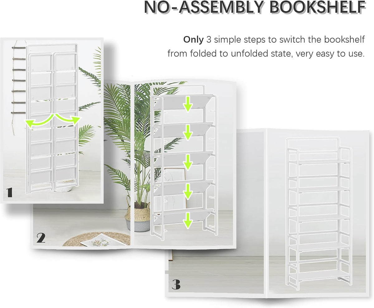 4NM No Assembly 5 Tier Folding Bookshelf Tall Storage Shelves Vintage Bookcase Standing Racks for Bedroom Living Room Home Office