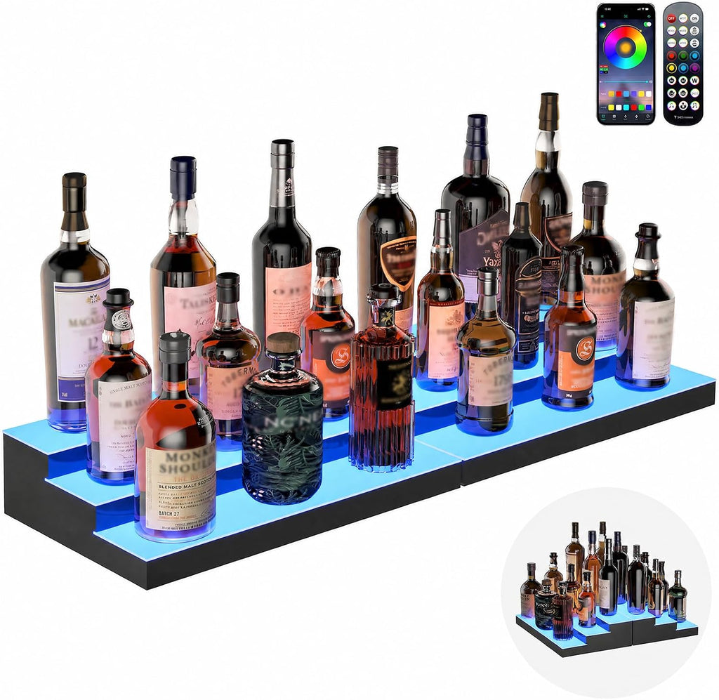 LED Illuminated Bar Bottle Display Rack, 3-Tier 32" Multi-Color Whiskey Rack, Tabletop Wine Rack Equipped with RF Remote Control and App Control Ideal Choice for Home Bar, Whiskey Lovers Gift