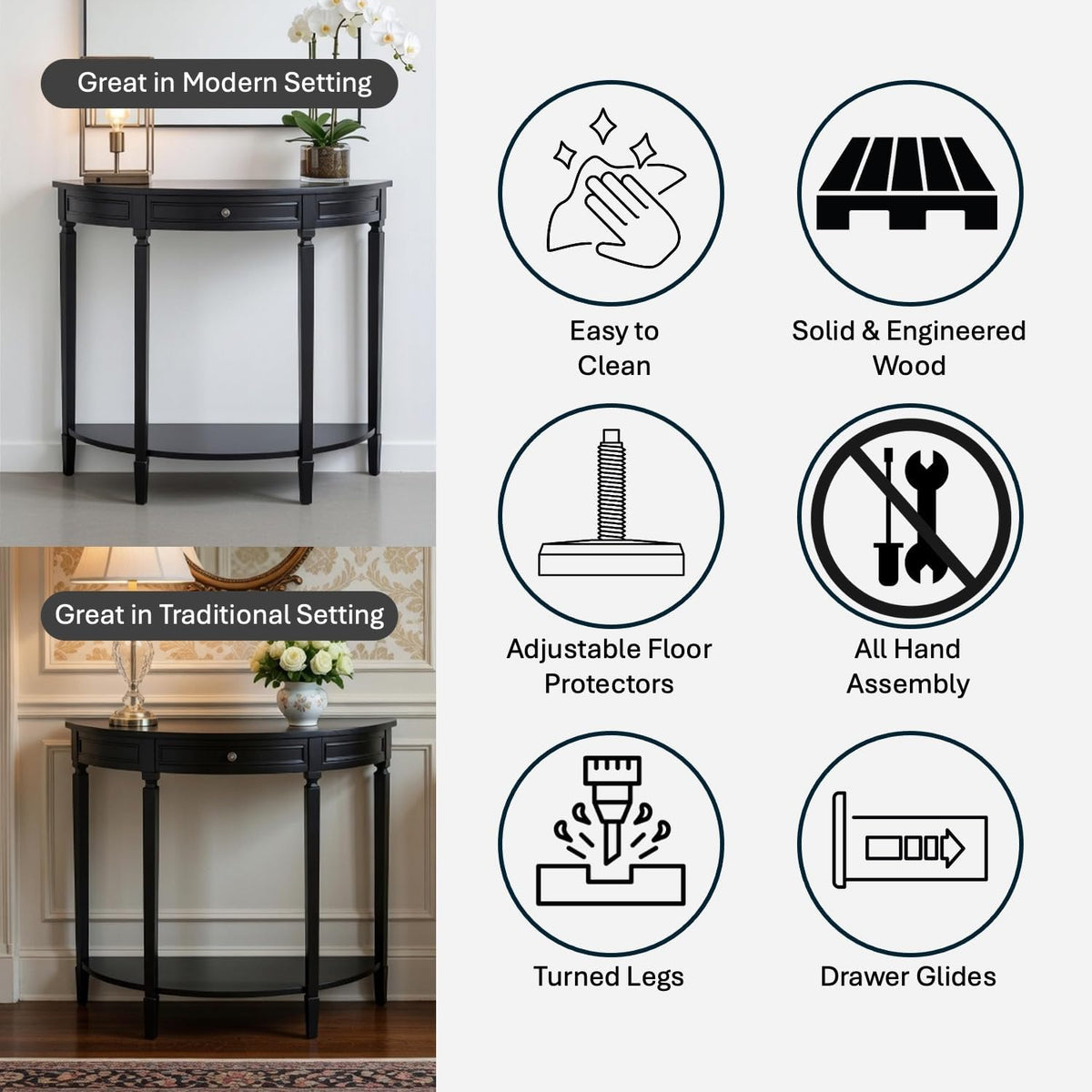 Decor Therapy Truro Half Round Console Table, Traditional Entryway Table with Drawer and Lower Shelf, Classic Hall or Sofa Table for Foyer, Living Room, Navy
