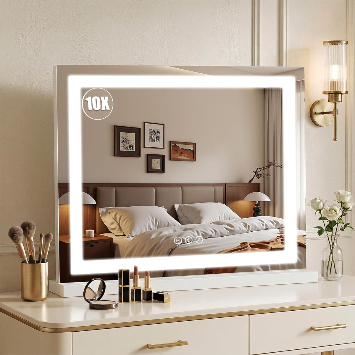 Vanity Mirror with Lights, 12.2" x 15" Large LED Makeup Mirror with Light, HD Mirror, Smart Touch with 3-Color Lighting, Dimmable, 360° Rotation, Lighted Up for Vanity Desk Tabletop, Bedroom (Black)