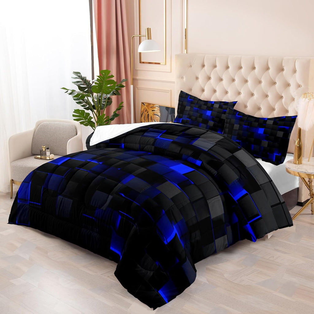 Nttopship Geometric Blue Black Comforter Set,Light Honeycomb 3 Piece Bedding Set Queen Size for Teen Boys,Modern Quilt Set Geometry Decor,Microfiber Lightweight 1 Comforter 2 Pillowcases All Season