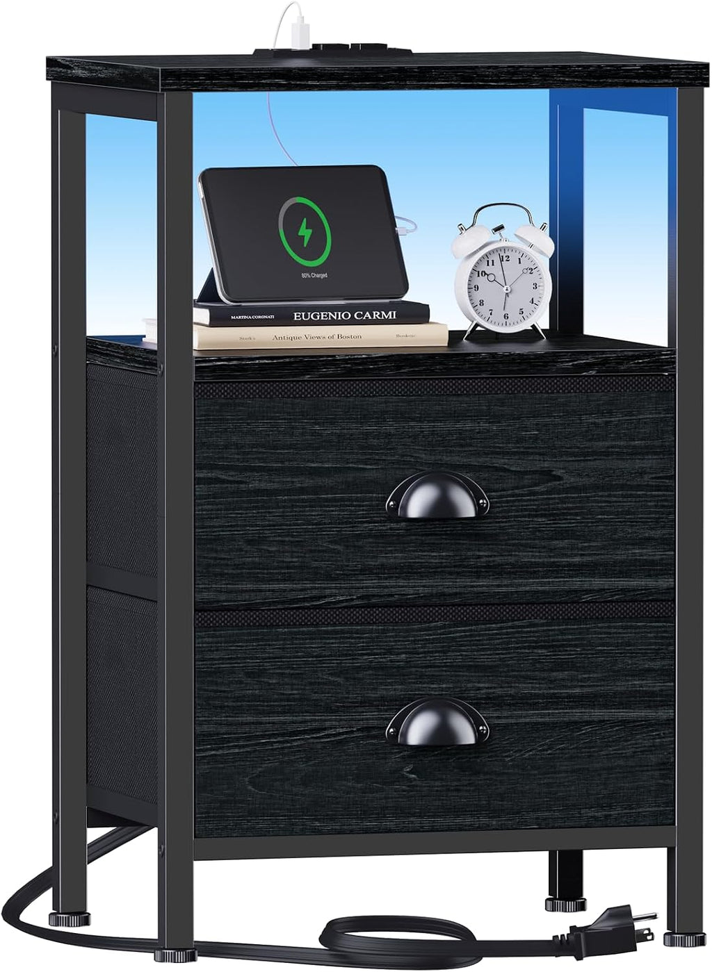 Furologee Night Stand with LED Light, Charging Station, 2 Drawer, Black Oak