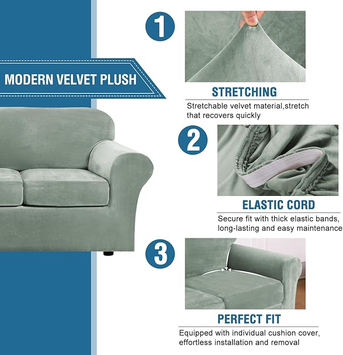 H.VERSAILTEX Velvet 4 Piece High Stretch Sofa Slipcover Cover Furniture - Image 3