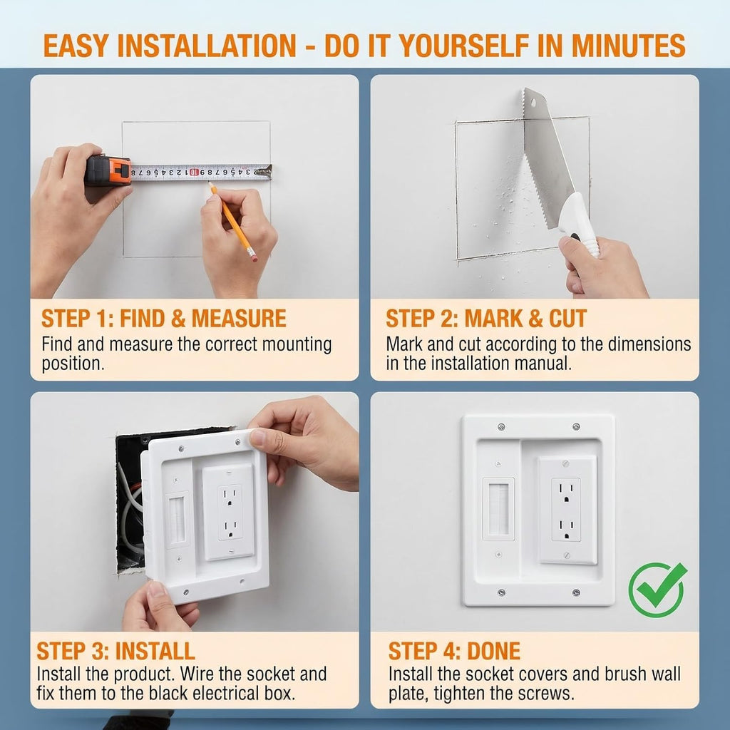 in-Wall TV Cable Management Kit with Recessed Outlet Box & Brush Wall Plate