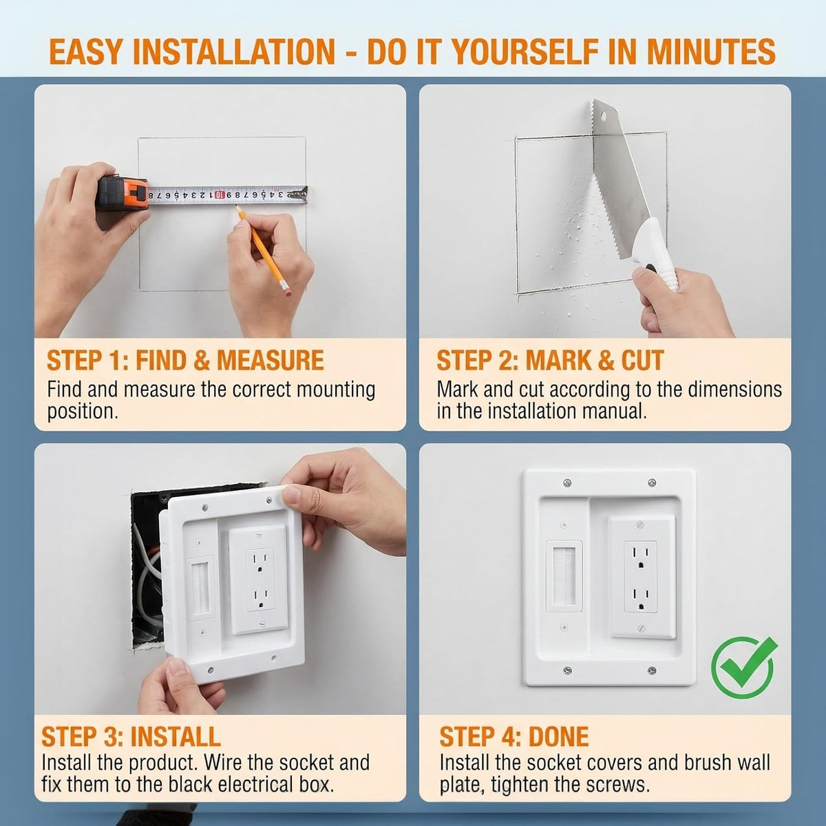 in-Wall TV Cable Management Kit with Recessed Outlet Box & Brush Wall Plate