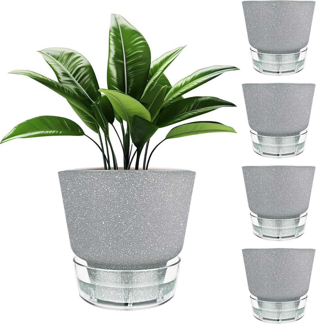 2024 Upgraded 5 Pack 6-Inch Self-Watering Planter Pots with Deep Reservoir for Indoor and Outdoor Plants with Planting Tools (Frosted Black)