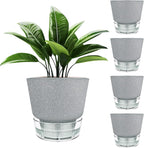 2024 Upgraded 5 Pack 6-Inch Self-Watering Planter Pots with Deep Reservoir for Indoor and Outdoor Plants with Planting Tools (Frosted Black)