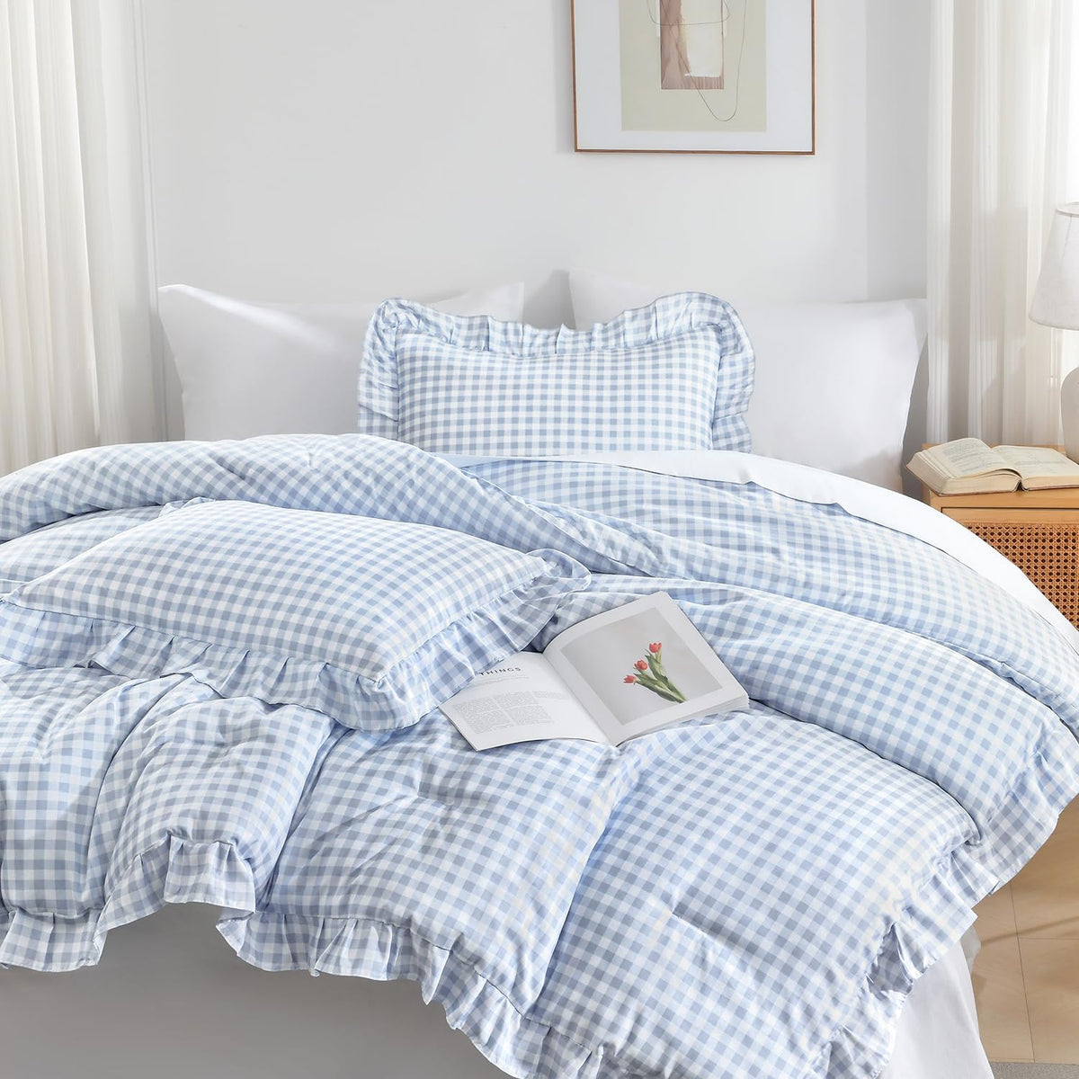 Andency Blue Gingham Ruffle Comforter Queen, 3 Pieces Vintage Bedding