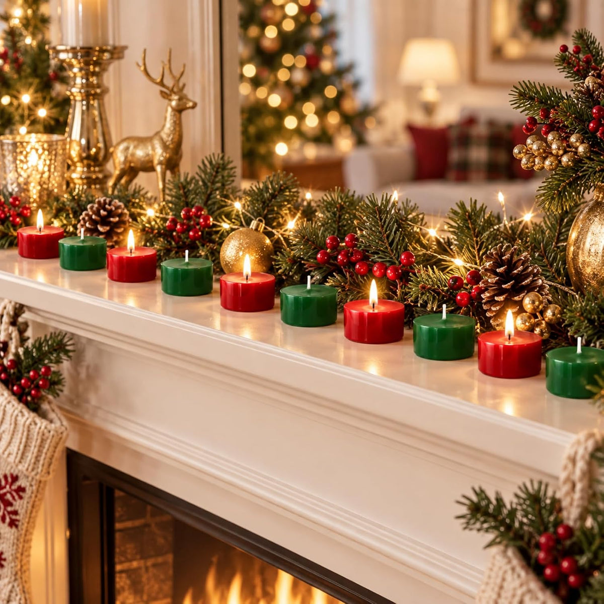 Festive Cedar & Apple Scented Tealight Candles, 12 Pack Red Green Colored Holiday Tea Lights with Clear Cups | Long-Lasting for Seasonal Home Decor,T01-12S-RDCDAL