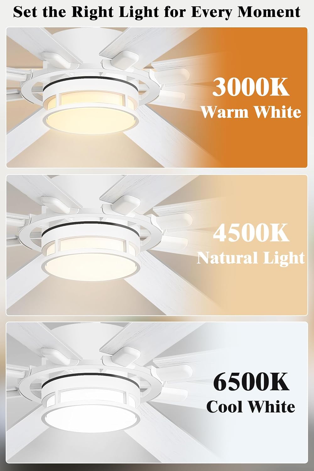 65 Inch Ceiling Fan with Light, White Large Metal Downrod Ceiling Fan Light White, 3CCT, 6 Speed Ceiling Fans with 3 Downrods for Living Room Bedroom, UL Listed