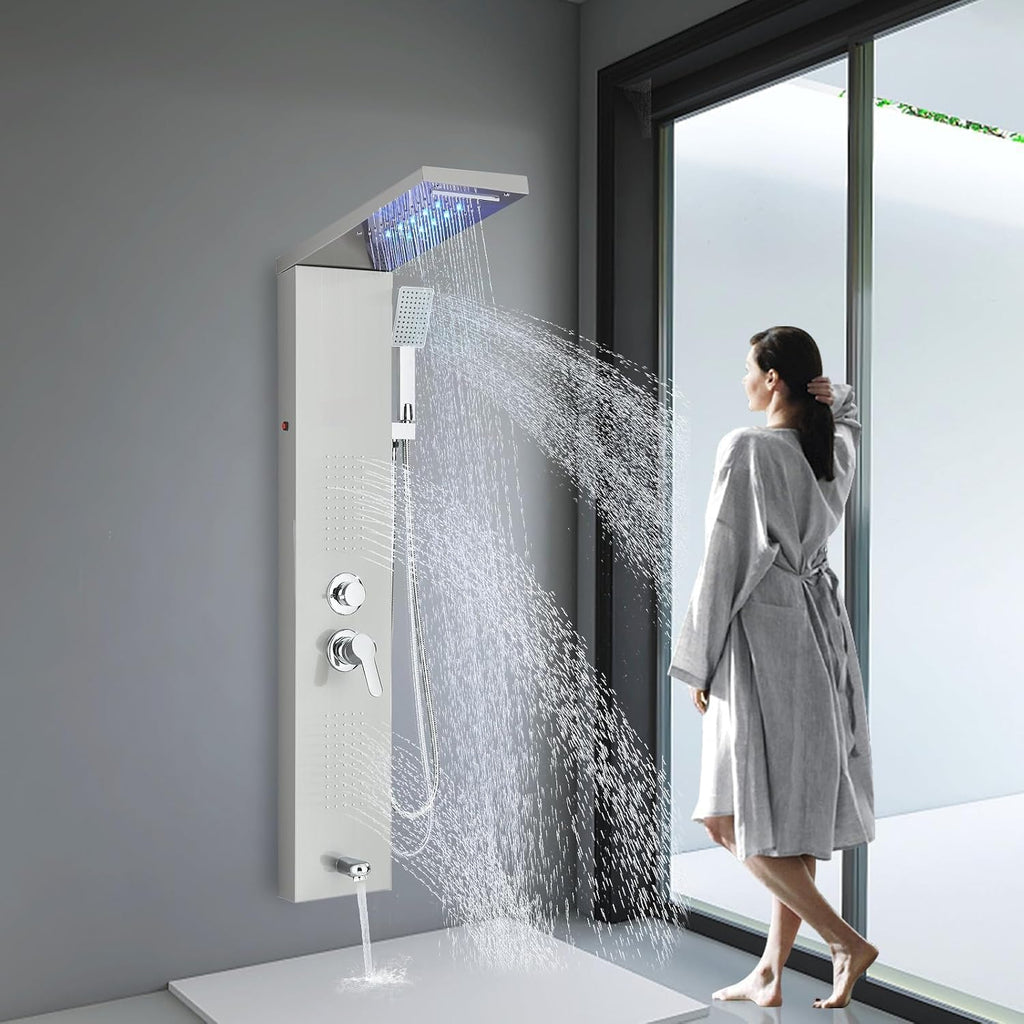 Shower Panel Wall Mount Shower Tower with Body Shower Jets LED Shower Head Rainfall Shower Panels System Stainless Steel Shower Faucet Set, Brushed Nickel