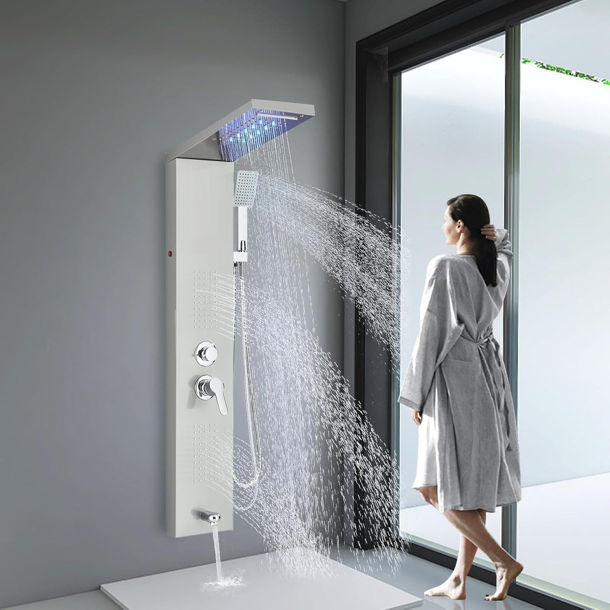 Shower Panel Wall Mount Shower Tower with Body Shower Jets LED Shower Head Rainfall Shower Panels System Stainless Steel Shower Faucet Set, Brushed Nickel