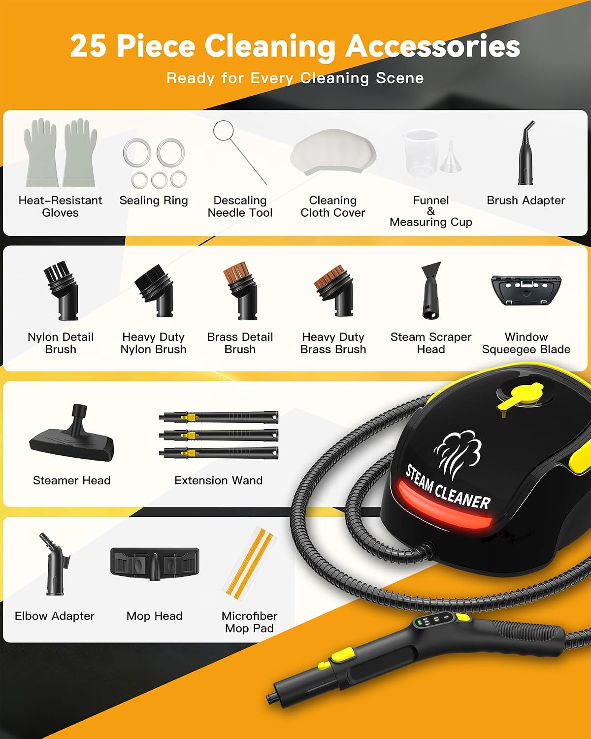 GLAMMAGIC Steam Cleaner with Mop, 3 Level Adjustable Handle, 25 Accessories