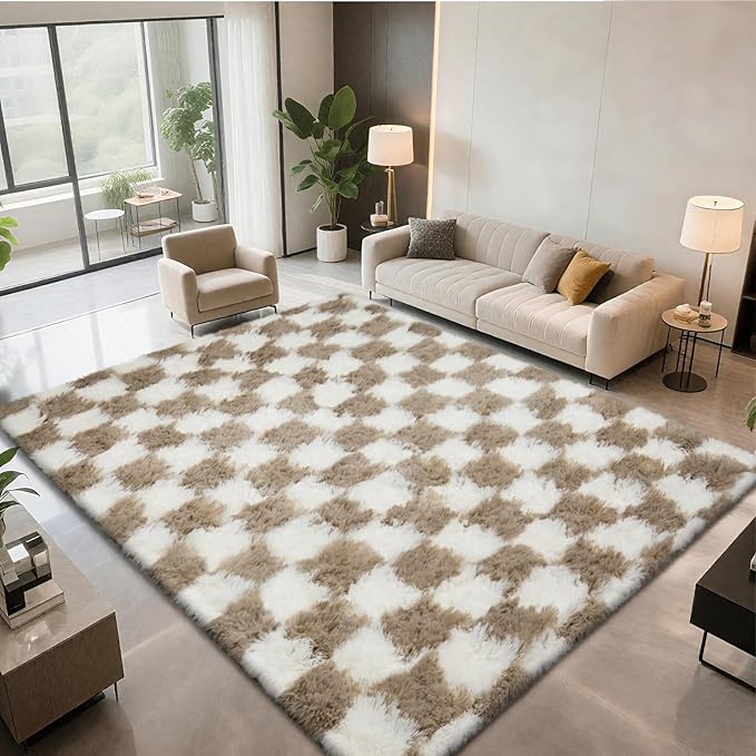 Checkered Area Rugs for Living Room 6x9, Fluffy Beige and White Checkered Rug - Image 2