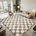 Checkered Area Rugs for Living Room 6x9, Fluffy Beige and White Checkered Rug - Image 2
