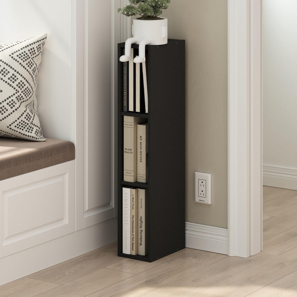 Furinno Fulda Book Shelf, 3-Tier Narrow Storage Cabinet, Bookcase with 6-in Width Storage Shelf, 9.3 x 5.9 x 31.5, for Living Room, Bedroom, Home Office, Blackwood
