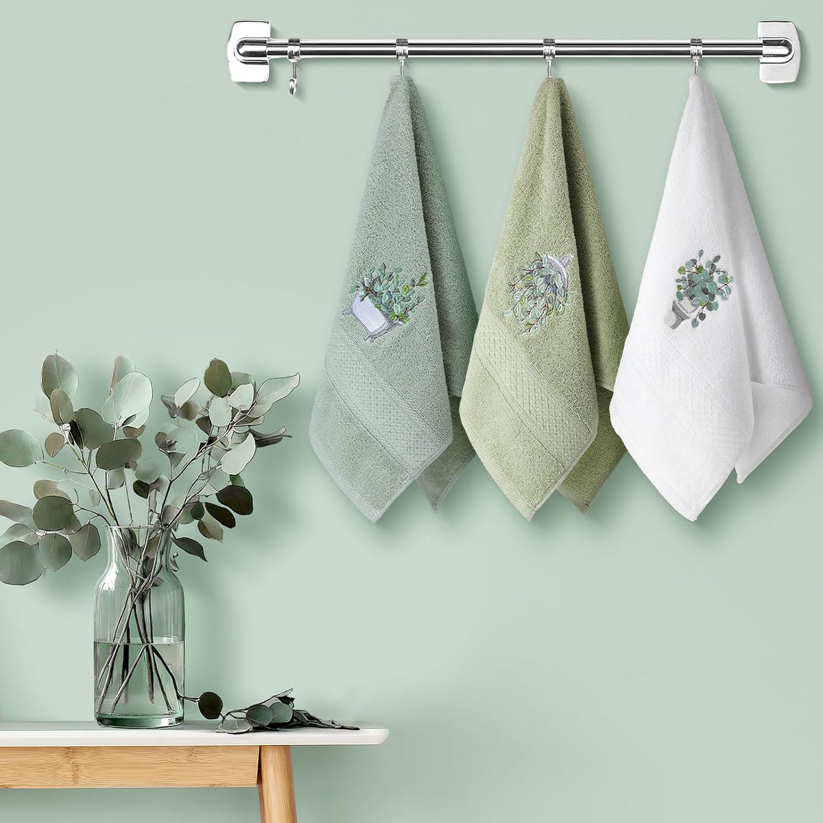 3 Pcs Eucalyptus Leaves Hand Towels for Bathroom Kitchen Decor