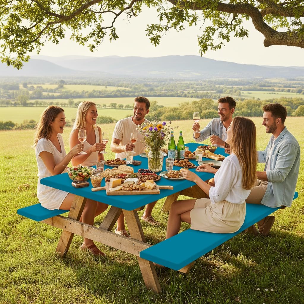 Smiry Picnic Table Cover with Bench Covers, Waterproof Elastic Fitted Polyester Tablecloths for 6 Ft Rectangle Tables, Washable Windproof Tablecloth for Camping, RV & Outdoor (Turquoise, 30x72 Inches)
