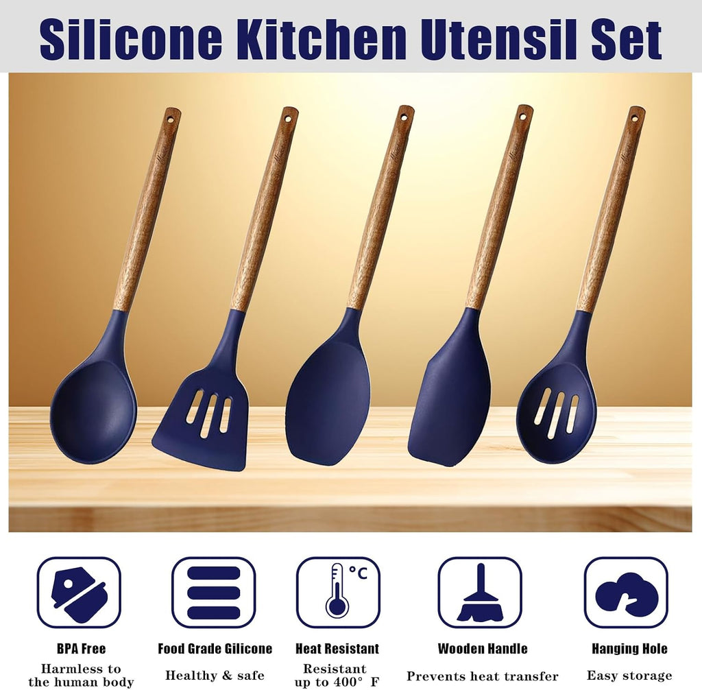 Non-Stick Silicone Kitchen Utensils Set with Natural Acacia Hard Wood Handle, 5 Piece, Midnight Blue, BPA Free, Baking & Serving Silicone Cooking Utensils