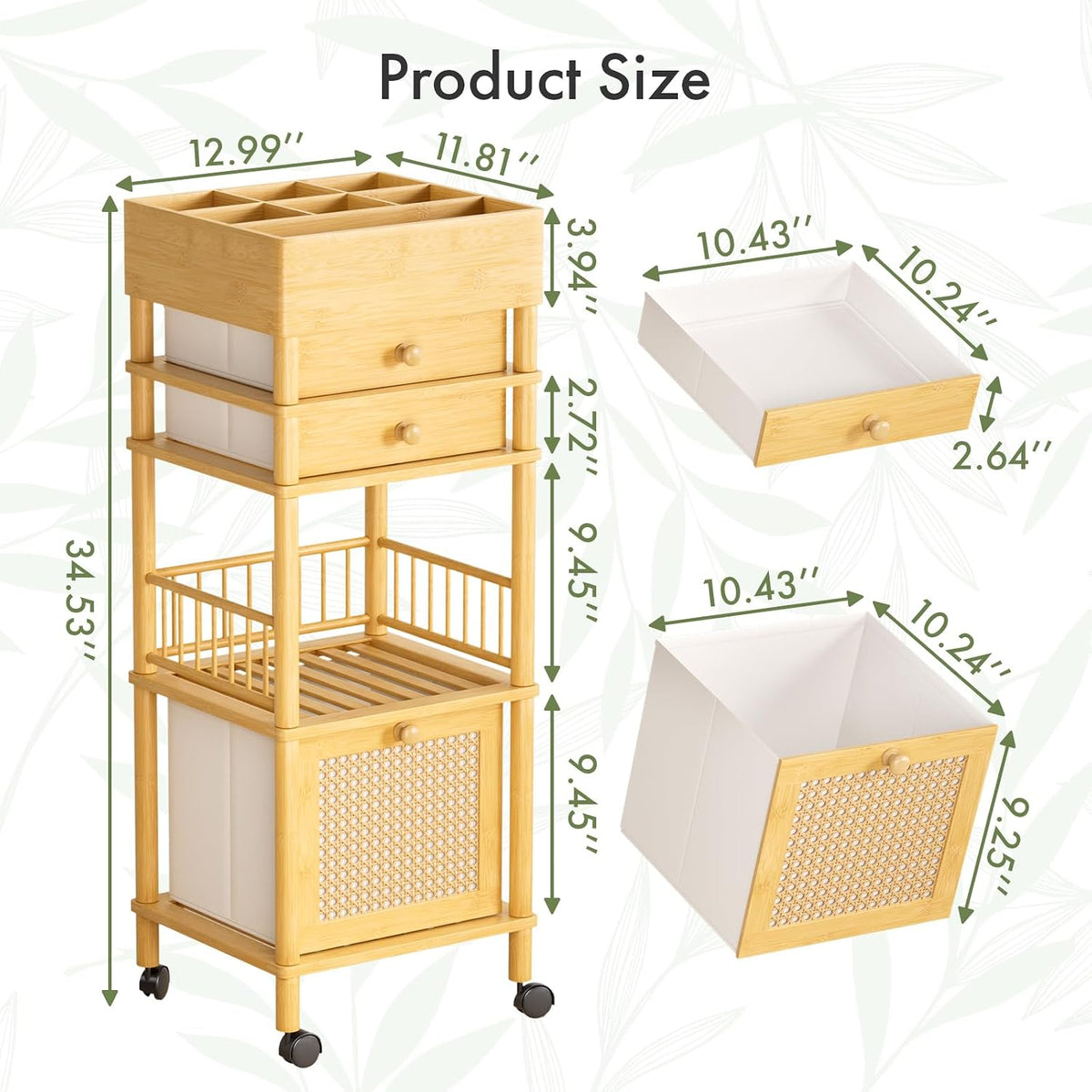 Bamboo Makeup Organizer Cart with 3 Drawers, Floor Skin Care Storage for Bathroom Bedroom, Rolling Vanity Organizer Cart for Cosmetic, Nail Polish, Perfume and Hair Tools