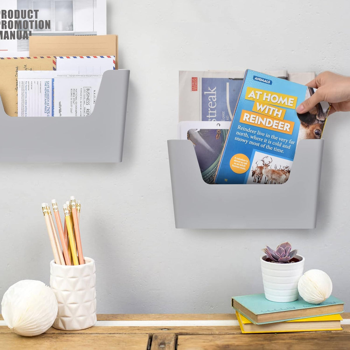 YOHOM Adhesive File Holder Plastic Document Folder Door No Drilling Mount Mail Magazine Organizer A4 Filing Envelopes Folder, Office Wall Mount Single Pocket(GREY, 2 PCS)