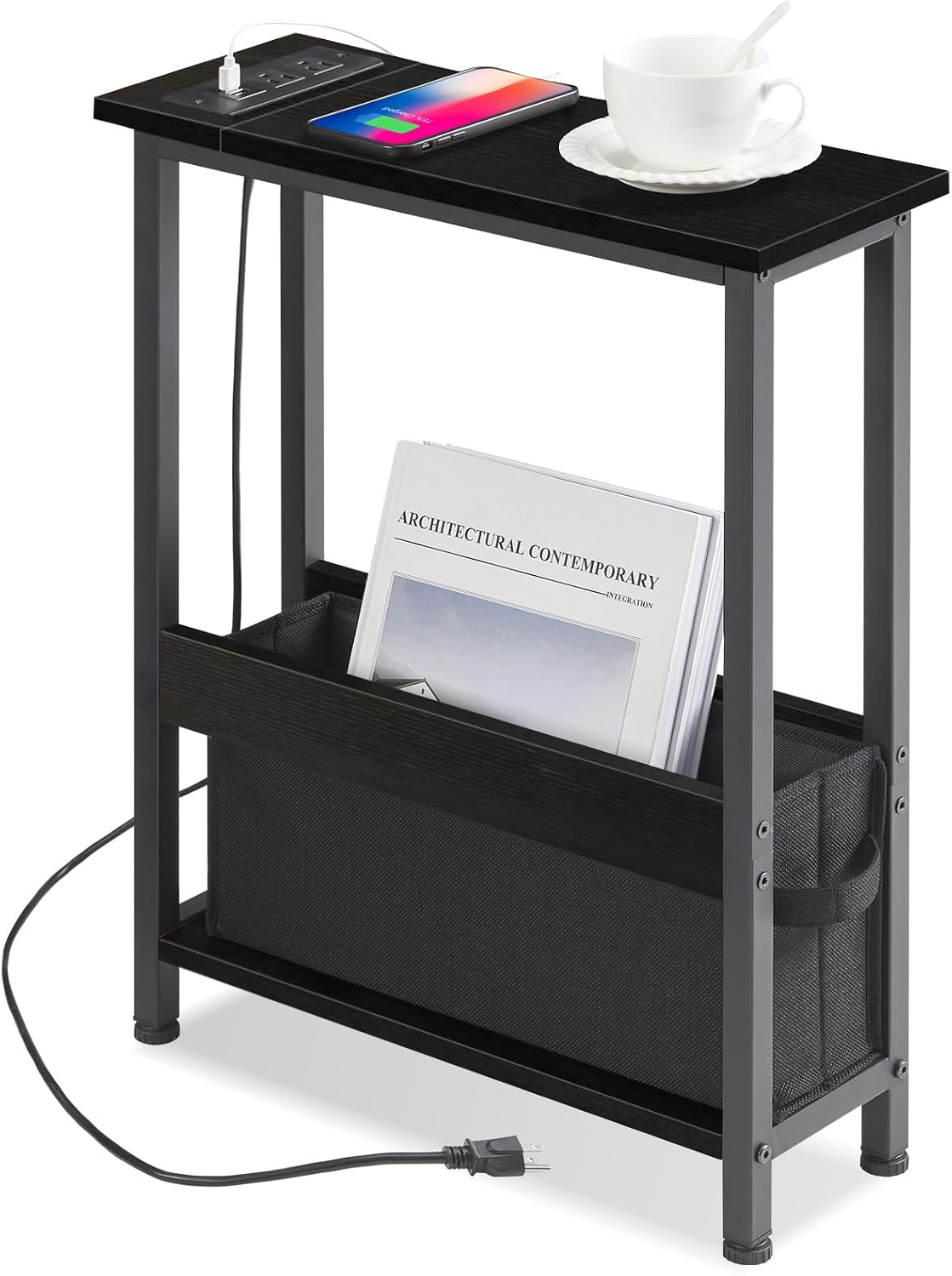 BAMGROW Slim Charging End Table with Storage - for Small Spaces and Bedroom (White)