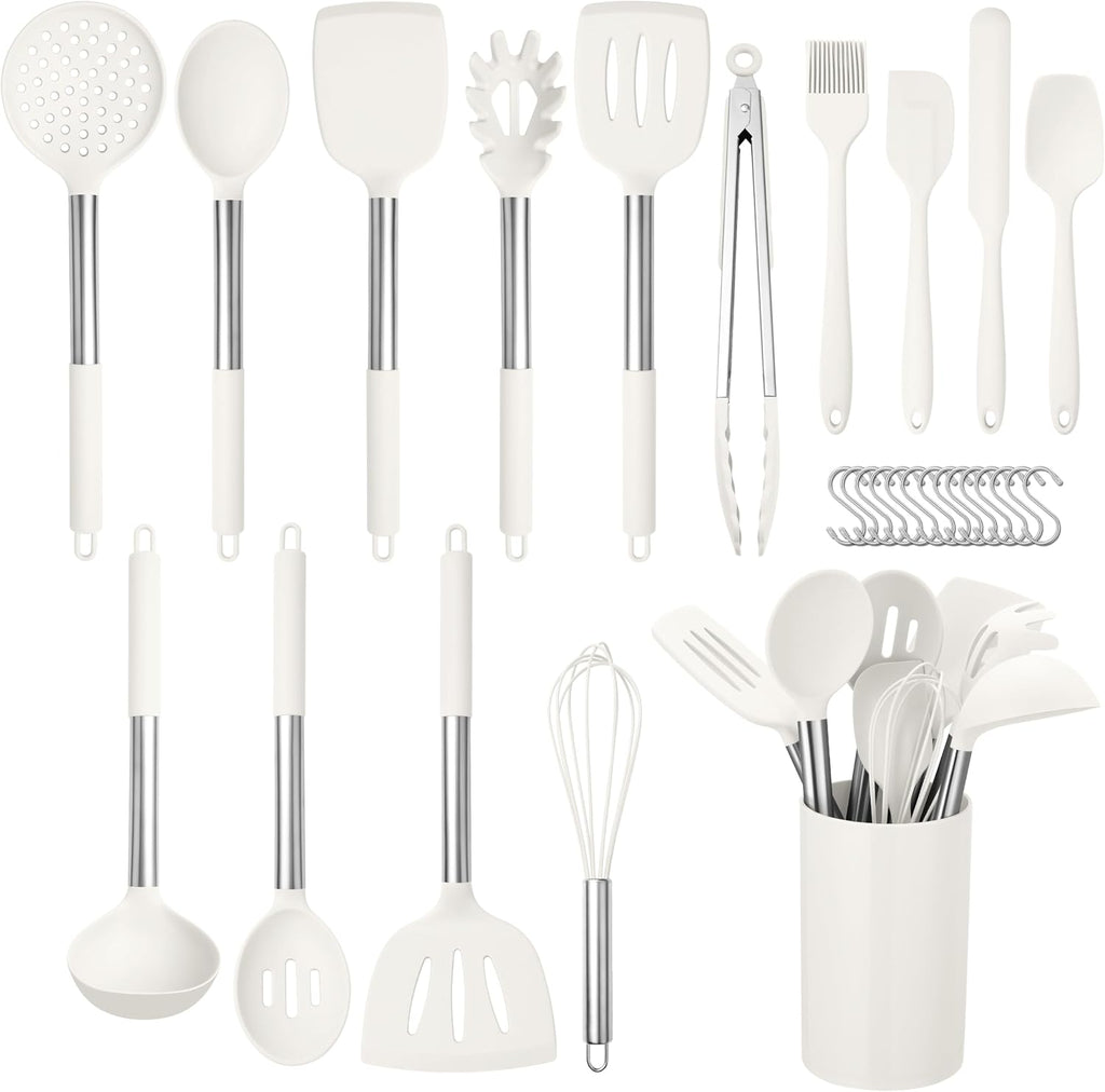 HaWare 29 PCS Silicone Cooking Utensils Set, Heat Resistant Kitchen Utensils Set with Stainless Steel Handle, Spatula Sets with Holder and Hooks, Kitchen Tools Gadgets for Nonstick Cookware -White