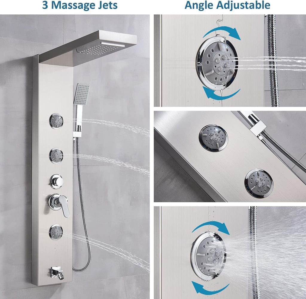 Shower Panel Massage Jets Rainfall Waterfall Shower Head, Shower Stainless Steel Wall Mount Massage Multi-Function Bathroom Shower Panel Tower System, Brushed Nickel……