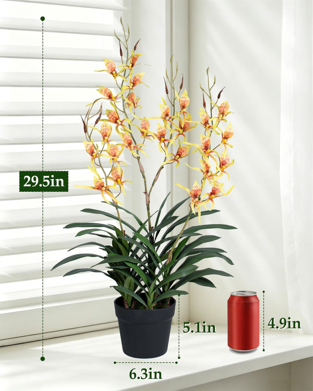 29.5" Artificial Dendrobium Orchid with Black Pot, Orange-Yellow Faux Orchid, Artificial Flowers for Sunroom, Office & Warm Home Accent Decor, Set of 1