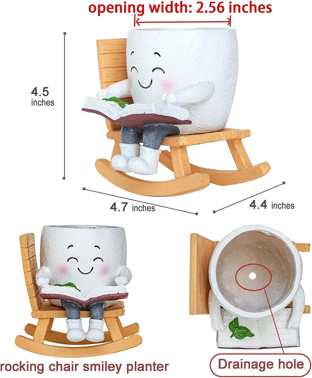 Rocking Chair Smiley Face Planter with Drainage Hole, Cute Plant Pots for Indoor Outdoor Plants,Unique Flower Pot for Succulents, Gift for Mother's Day, Birthday, Christmas(White)
