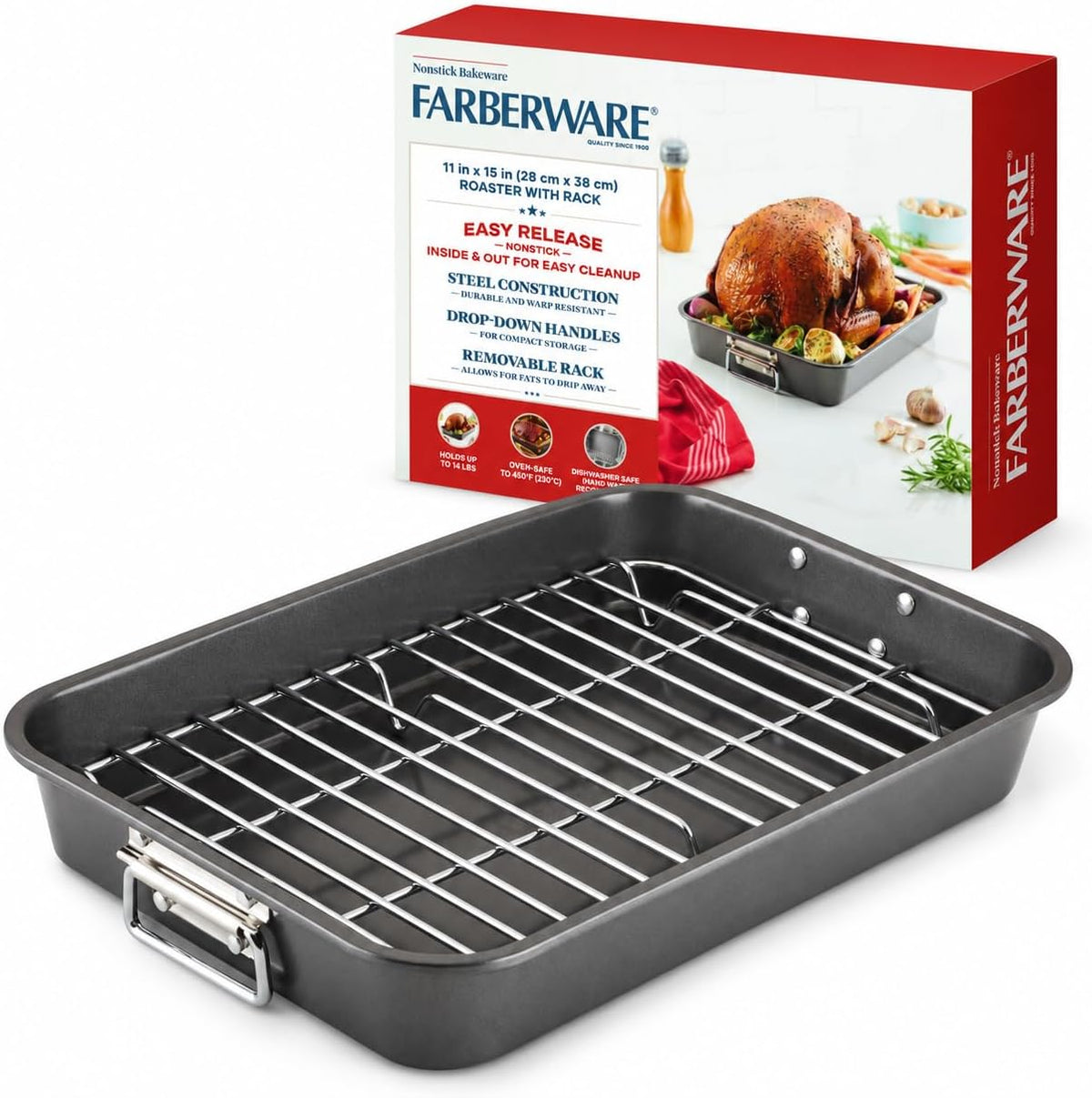 Farberware Bakeware Nonstick Roaster, Roasting Pan with Rack, Gray