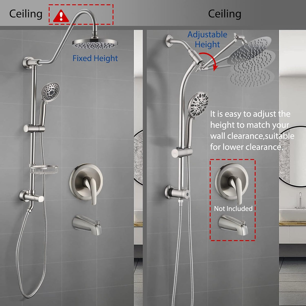 Rainfall 8 Inch Round Shower Head with High Pressure Handheld Spray Combo, Drill-Free Slide Bar with Adjustable Shower Extension Arm, 3-Way Diverter for Easy Reach, 5Ft Hose- Brushed Nickel