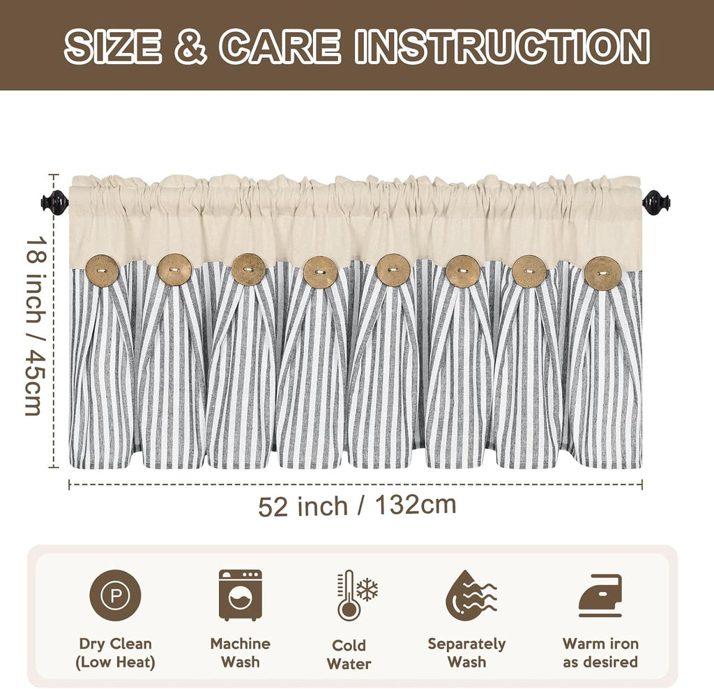 ASPMIZ Farmhouse Cotton Linen Valances for Windows, Boho Kitchen Curtains Valances with Rustic Button, Country Grey Striped Window Treatments Curtain Valance for Bathroom Cafe, 52 x 18 Inch, 1 Pannel