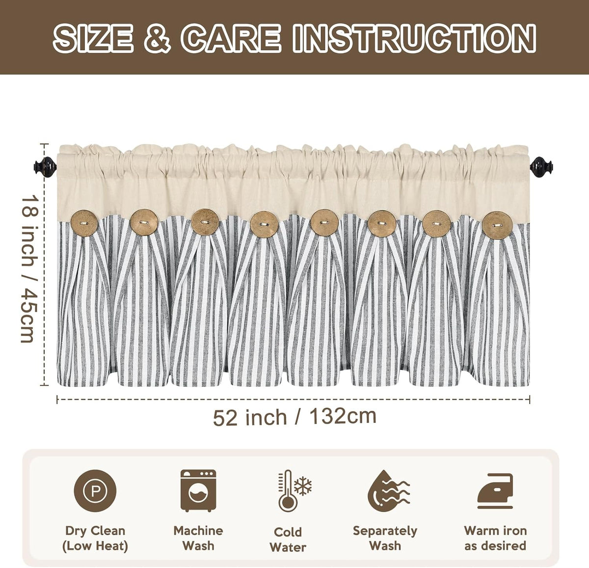 ASPMIZ Farmhouse Cotton Linen Valances for Windows, Boho Kitchen Curtains Valances with Rustic Button, Country Grey Striped Window Treatments Curtain Valance for Bathroom Cafe, 52 x 18 Inch, 1 Pannel