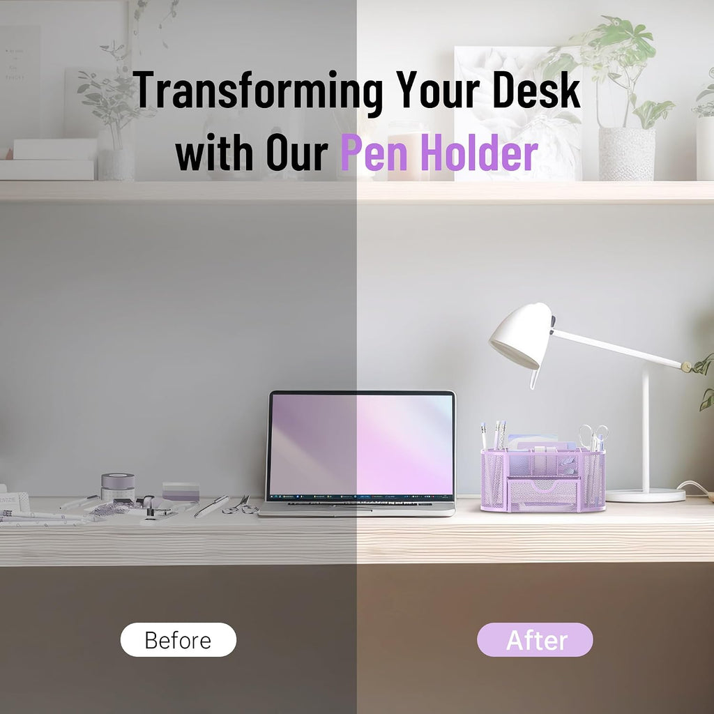 Mesh Desk Organizer with Drawer, 9-Compartment Pen Holder for Desk, Purple