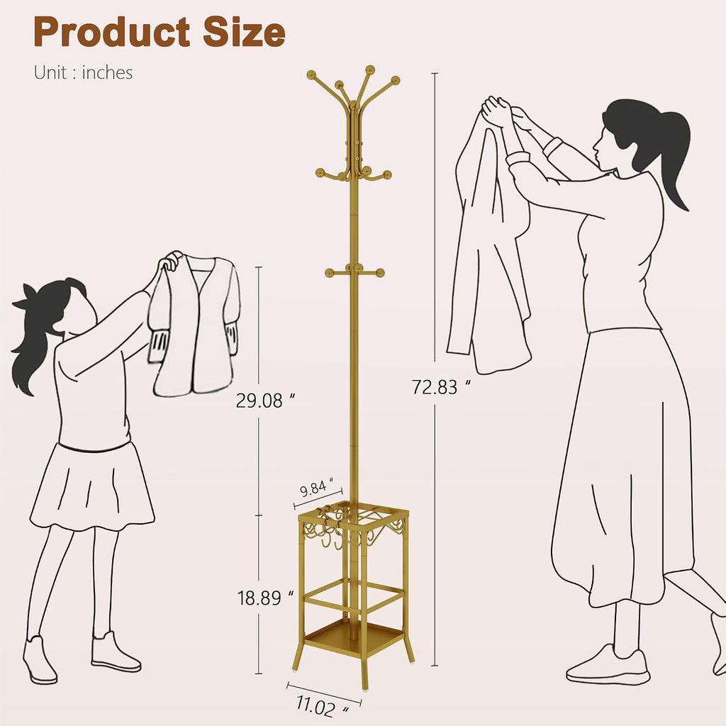 Hoctieon Coat Rack Freestanding, Coat Tree with Umbrella Holder, Metal Coat Rack Stand with 12 Hooks, Standing Coat Hanger Stand, Umbrella Stand for Entryway, Hat Rack Stand for Home Office