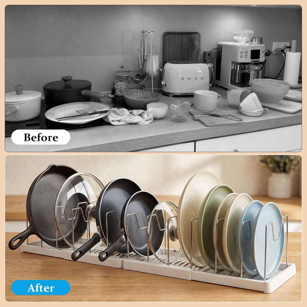 2 Pack Expandable Pots and Pans Organizer Under Cabinet, Foldable Kitchen Cabinet Organizer with 12 Adjustable Dividers, 31" Cookware Rack for Pots, Pans, Pot Lids, Cutting Boards & Bakeware