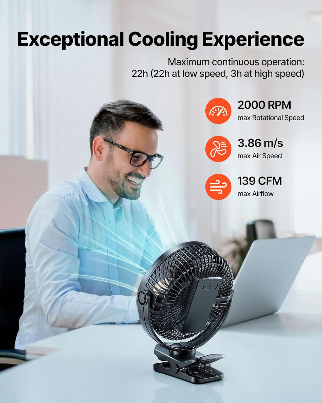 VEVOR Portable Clip Fan, Rechargeable Clip On Fan with Light, USB Port with 3 Speeds & Circulation Mode, Strong Airflow Sturdy Clamp, Long Runtime for Desk, Golf Cart,Outdoor Camping Treadmill,Black
