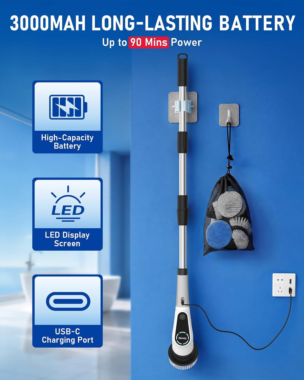 Dovety Electric Spin Scrubber, Extendable Handle, 8 Brush Heads-WH