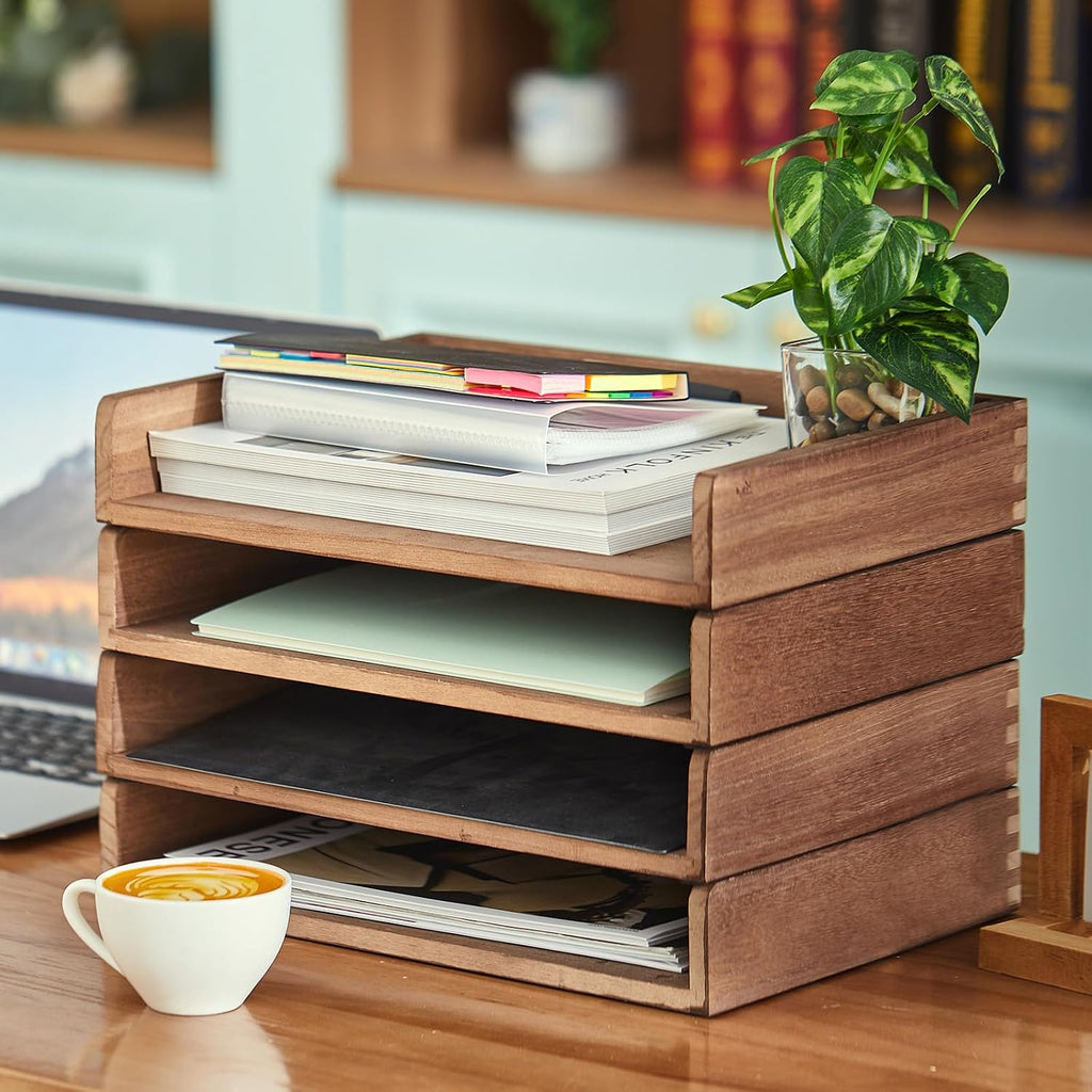 Yeaqee 4 Pcs Stackable Organizer Tray Wood Desk Organizer, Dark Wood Color