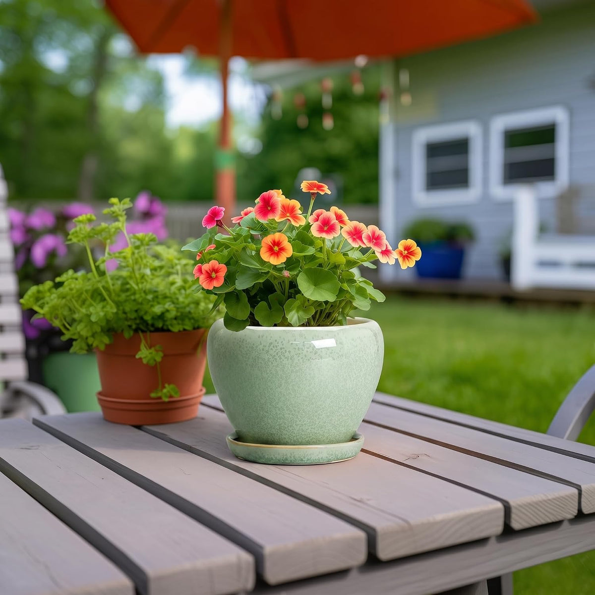 Ceramic Plant Pots 6 Inch, Ceramic Planter with Drainage, Green