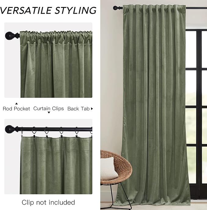 RYB HOME Sage Green Velvet Curtains 72 inches Length - Image 2